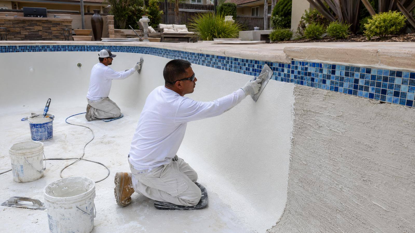 Two plasterers smoothing a fresh white finish onto the walls of a drained pool